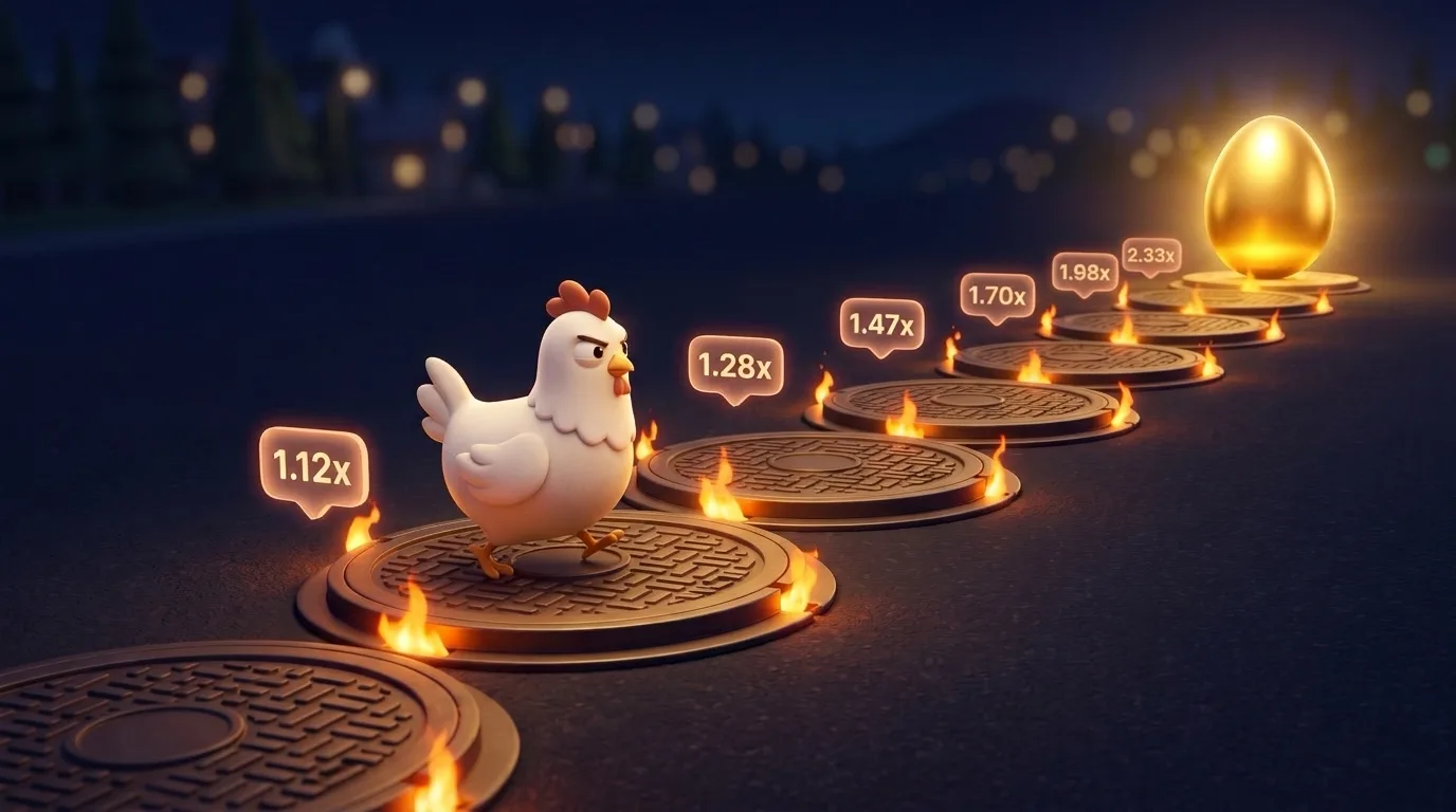 A cartoon hen walking across a row of manhole covers towards a golden egg, with multipliers 1.12x to 2.33x over the covers