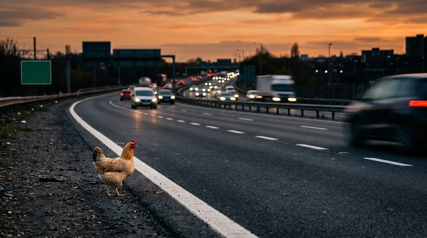 A hen standing at the edge of a busy multi-lane highway at dusk, with cars and trucks rushing past
