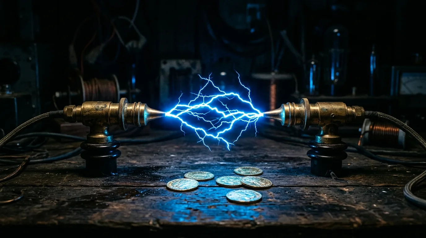 Blue electric arcs between two brass terminals on a dark workbench, with gold coins below