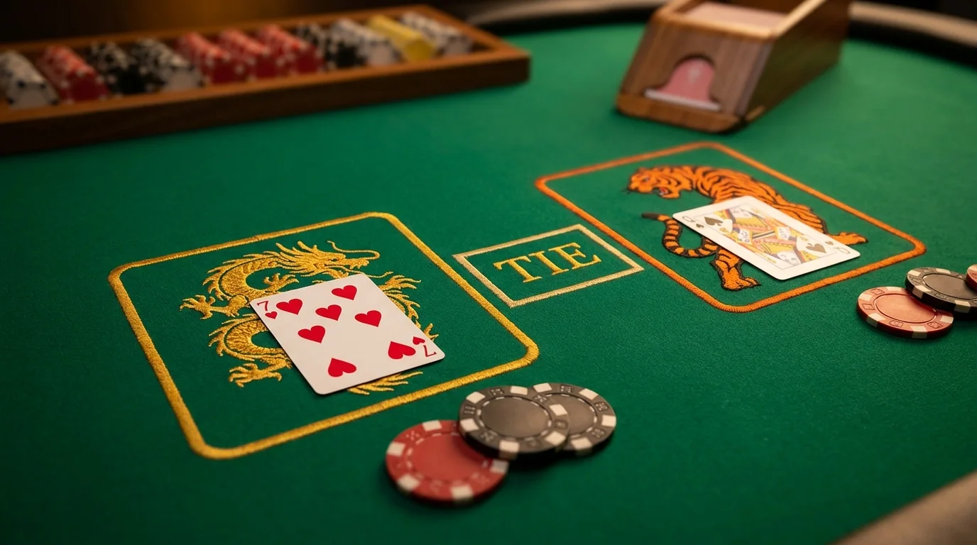 A Dragon Tiger table with the seven of hearts on the Dragon box, a queen on the Tiger box and the Tie box between them