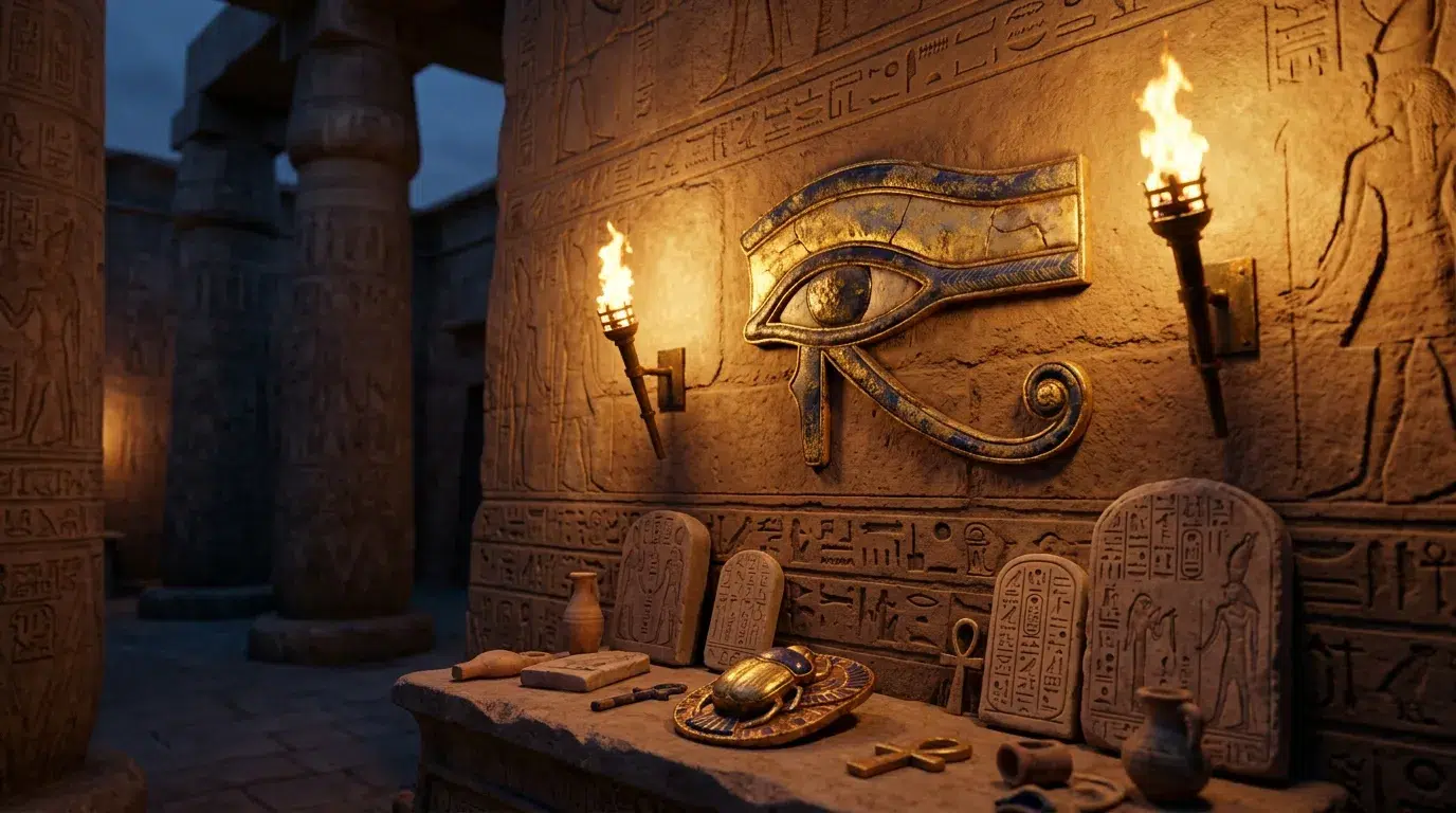 Golden Eye of Horus symbol carved into a torch-lit Egyptian temple wall, with carved stone tablets and a gold scarab on a ledge below