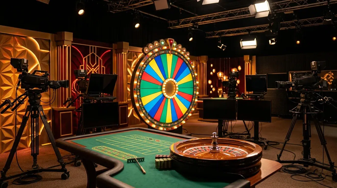 An empty live casino studio with a lit money wheel, a roulette table and TV cameras on tripods