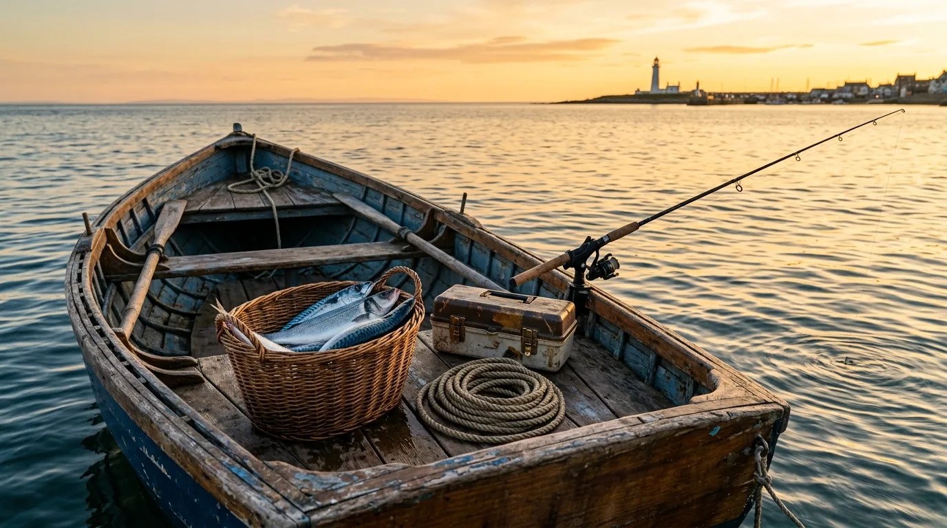 Small wooden fishing boat at sunset with a basket of fresh fish, a fishing rod and a tackle box on deck