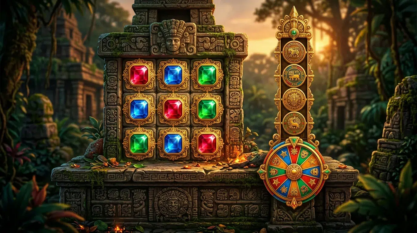 A 3x3 grid of red, blue and green gemstones on a golden temple altar, with a tall multiplier reel and a small prize wheel beside it