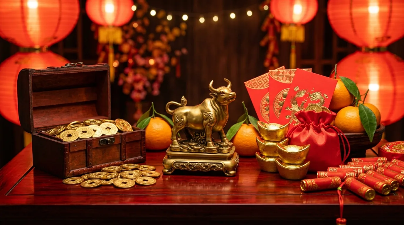A golden ox statue on a red lacquered table with gold ingots, a chest of coins, red envelopes, mandarin oranges and firecrackers