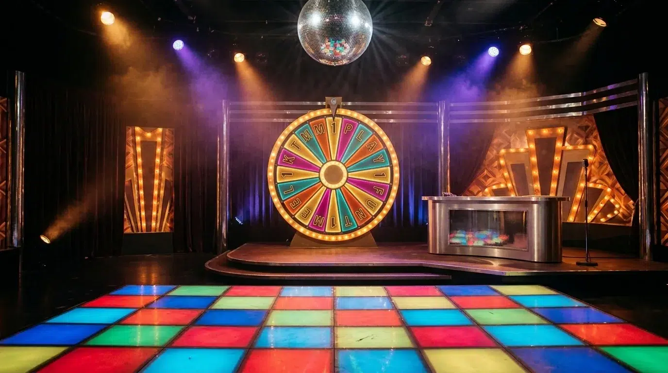 A disco game-show studio with a money wheel of number 1s and letters, a mirror ball and a light-up dance floor