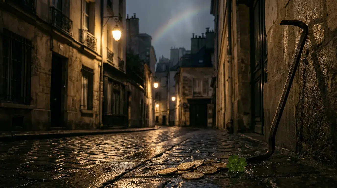 A wet cobbled Paris backstreet at night with a rainbow over the rooftops, gold coins and a clover on the stones and a crowbar against the wall