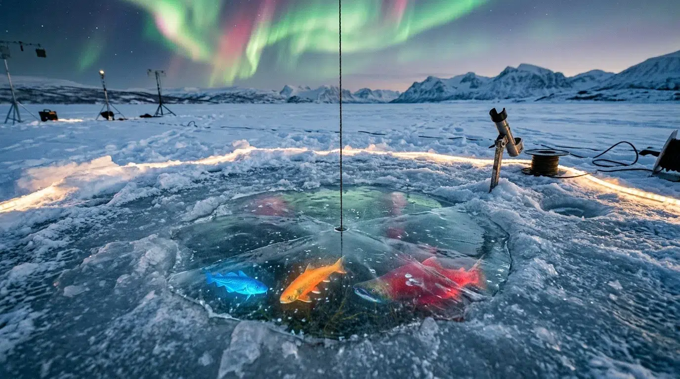A hole in the ice of a frozen lake at night with a small blue fish, an orange fish and a large red fish glowing under the surface