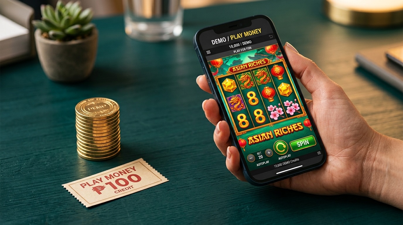 A JILI-style slot game running in demo mode on a phone, beside a play-money 100 peso credit