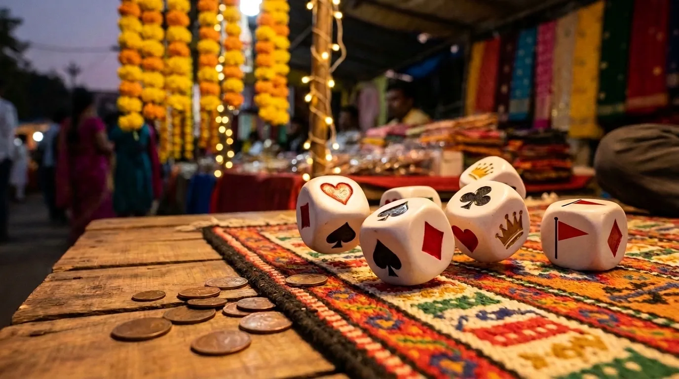 Six white Jhandi Munda dice showing hearts, spades, diamonds, clubs, crowns and a flag on a woven mat at an Indian fair, with copper coins on the table