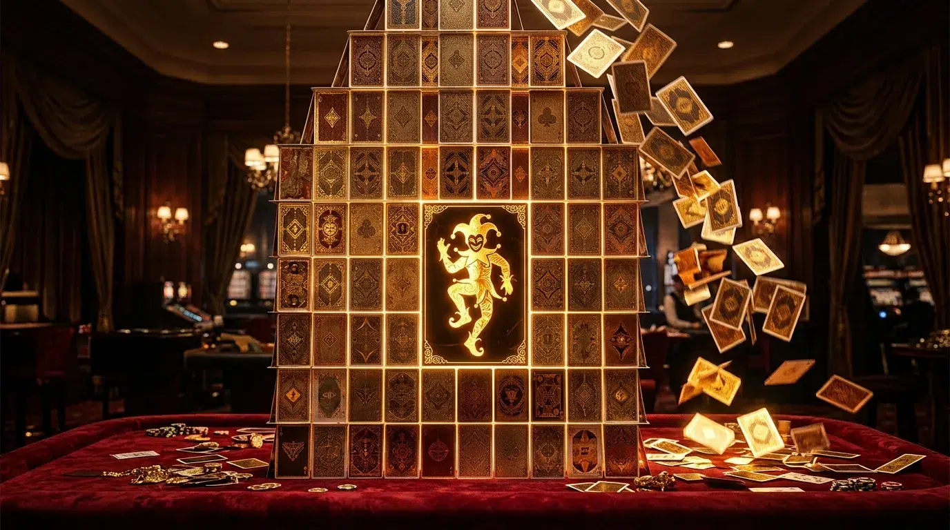 A tall grid of gold-edged playing cards six columns wide on a red velvet casino table, with a glowing joker card in the centre