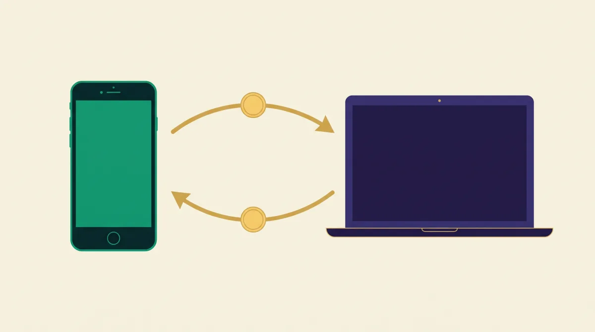 A phone and a laptop joined by two curved gold arrows, one carrying a coin out and the other carrying a coin back