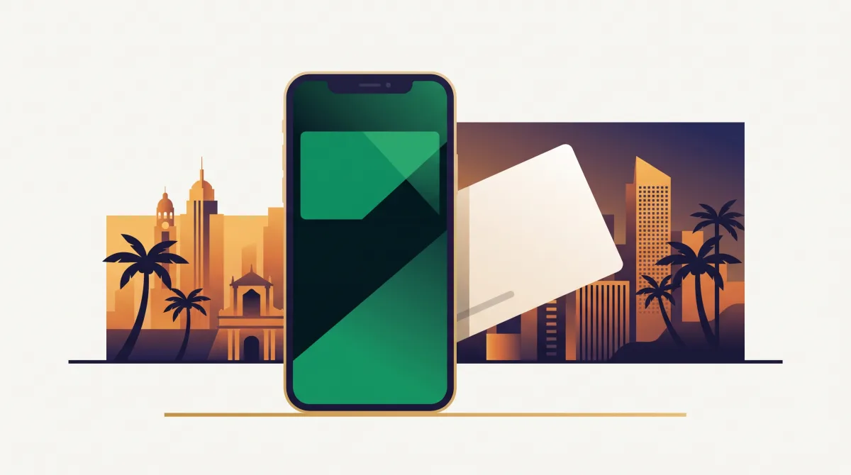 A smartphone showing a blank digital wallet screen with a payment card sliding out from behind it, against a tropical city skyline at dusk
