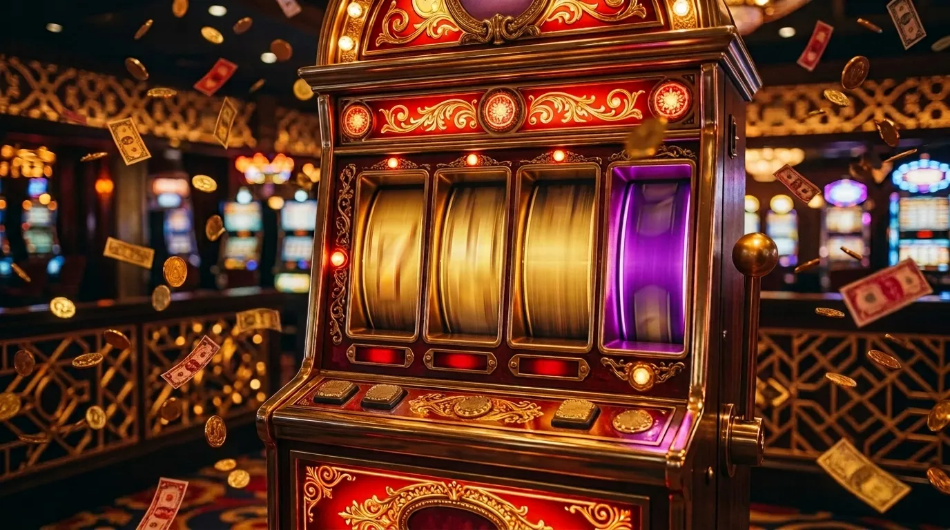 A gold and red slot cabinet with three number reels and a purple fourth reel spinning, gold coins drifting around it