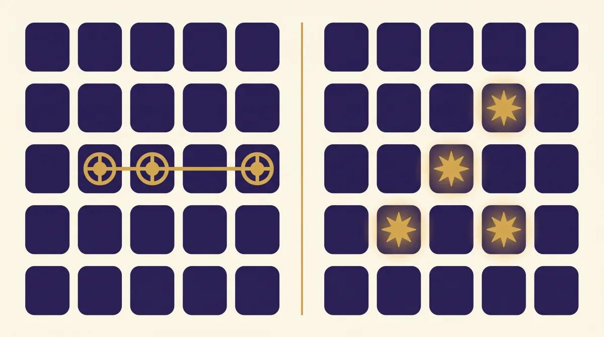 Two slot grids side by side: on the left three symbols joined in one connected row, on the right three symbols in unconnected scattered positions