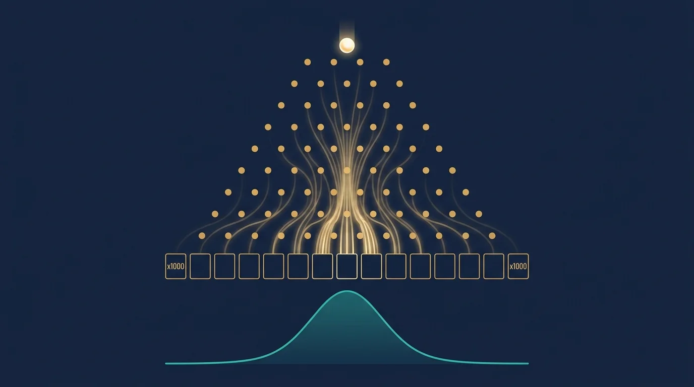 A Plinko board of pegs with ball paths bunching towards the centre and a bell curve drawn beneath the prize slots
