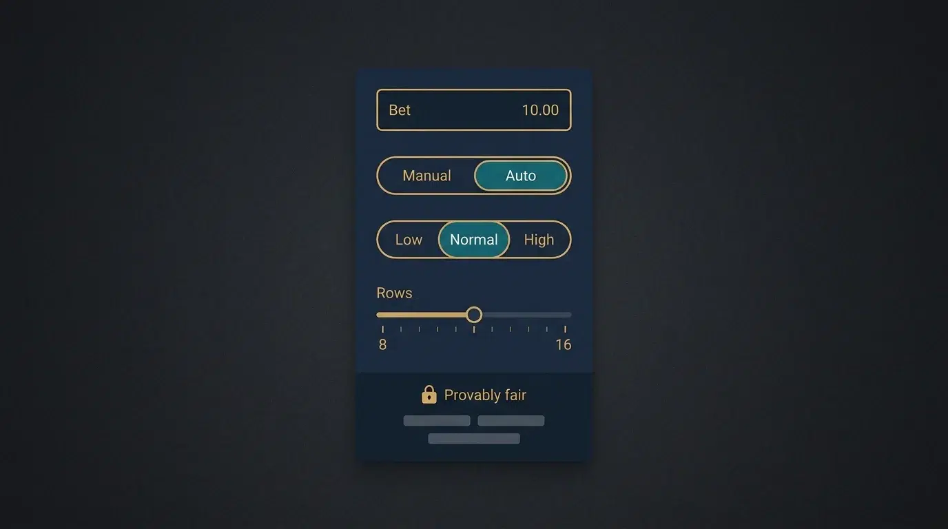 A Plinko control panel showing bet amount, manual and auto modes, low normal and high risk, a rows slider from 8 to 16, and a provably fair section