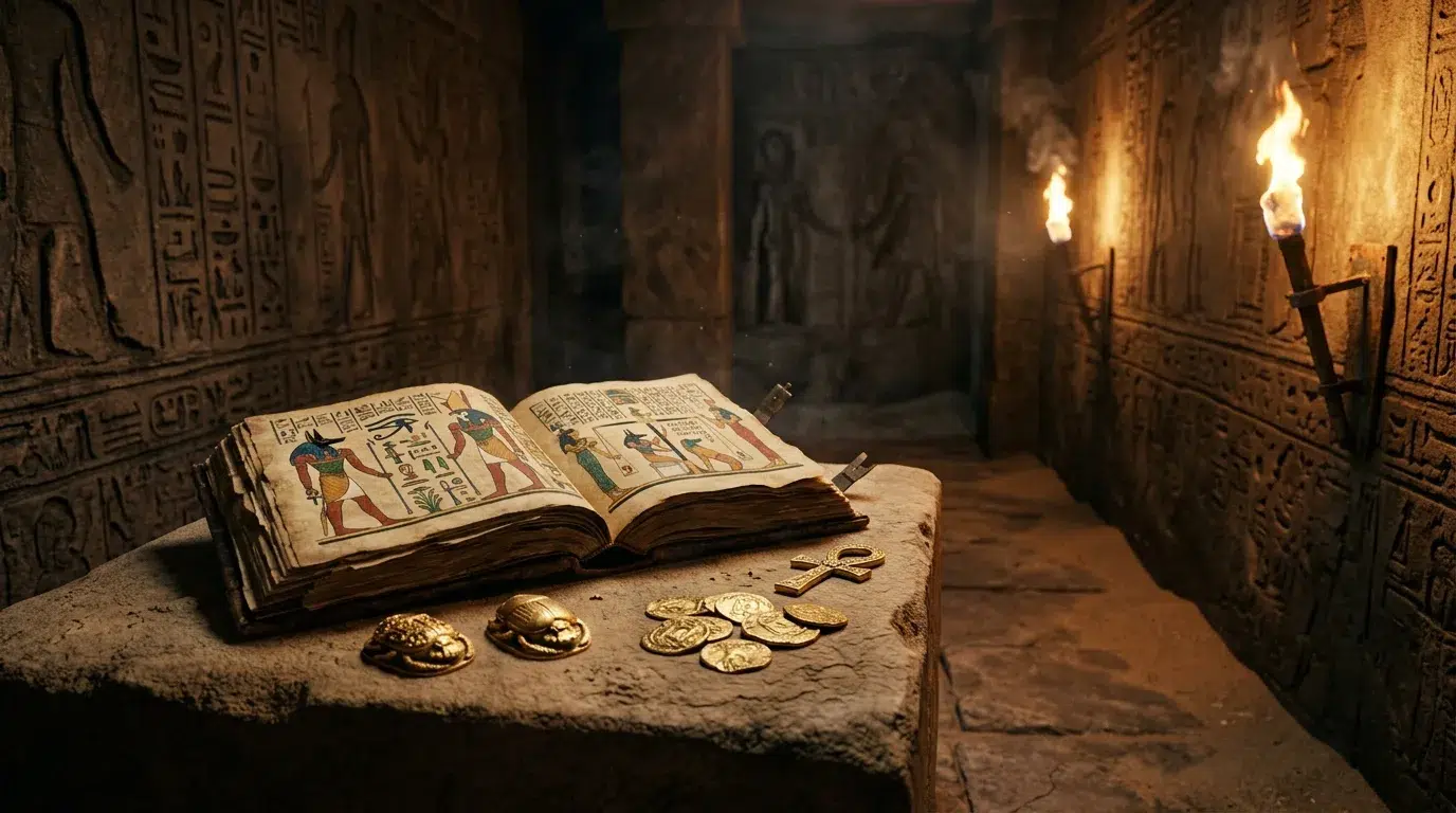 An open illustrated book on a stone plinth in a torch-lit Egyptian tomb, with gold scarabs, coins and an ankh beside it