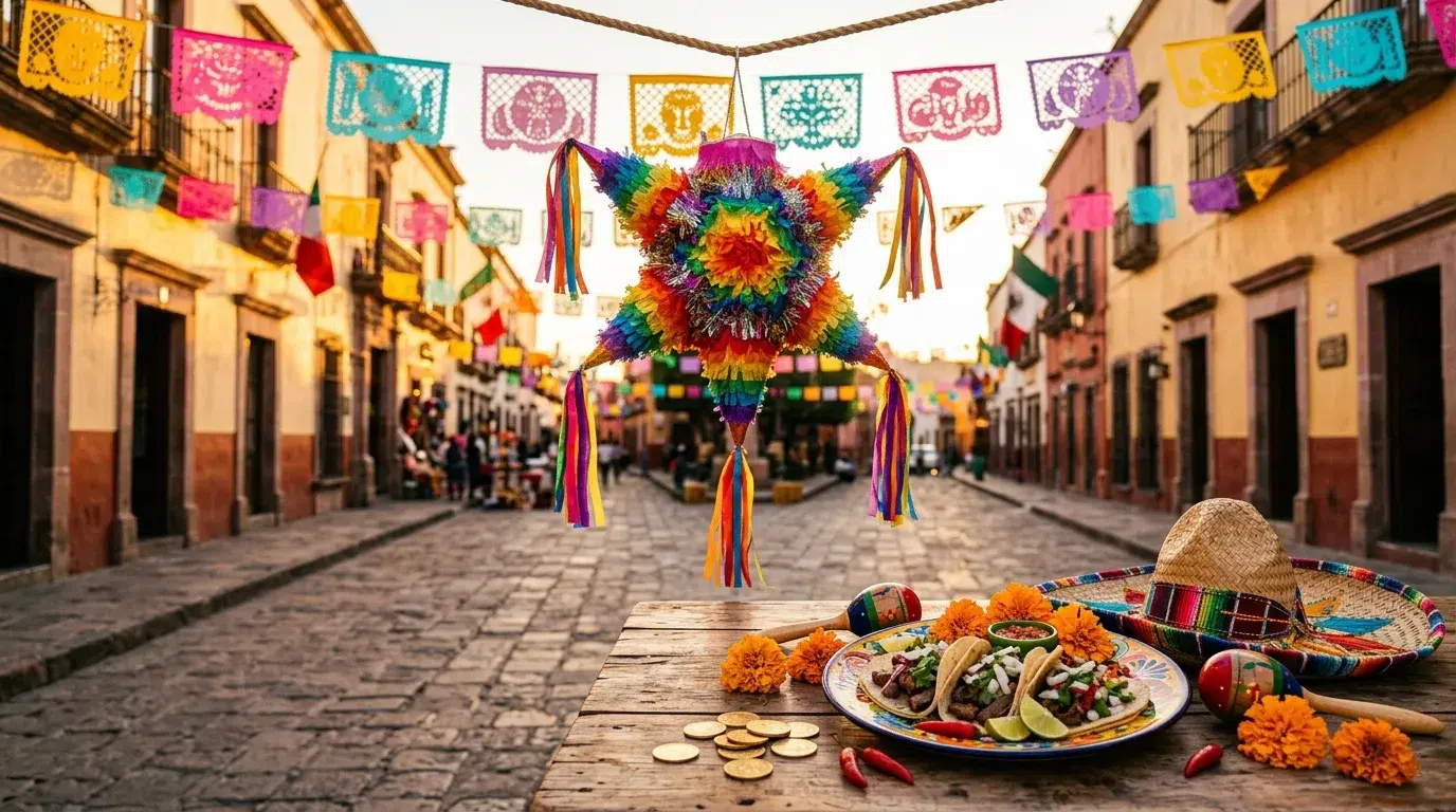 A rainbow star-shaped piñata hanging over a cobbled Mexican street with papel picado banners, and a table of tacos, maracas, a sombrero and gold coins