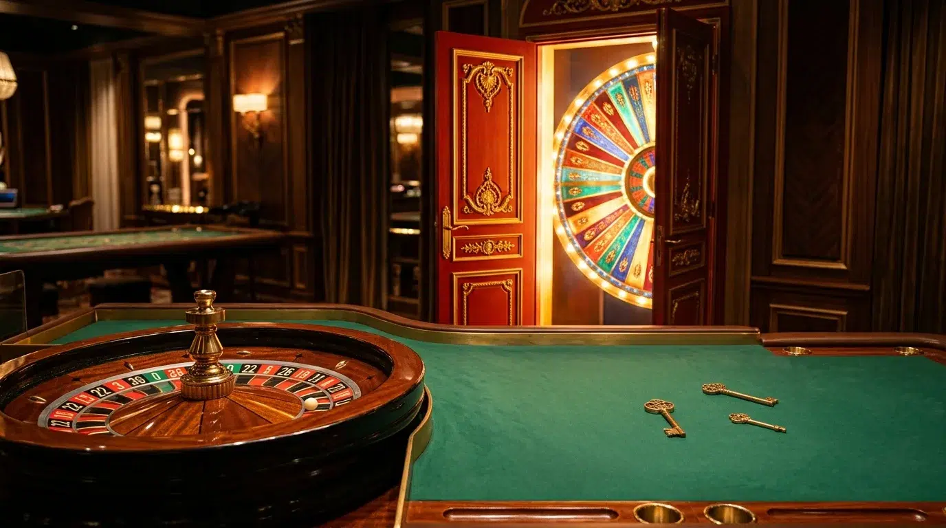 A roulette wheel in front of a red door opening onto a large colourful bonus wheel, with gold keys on the table