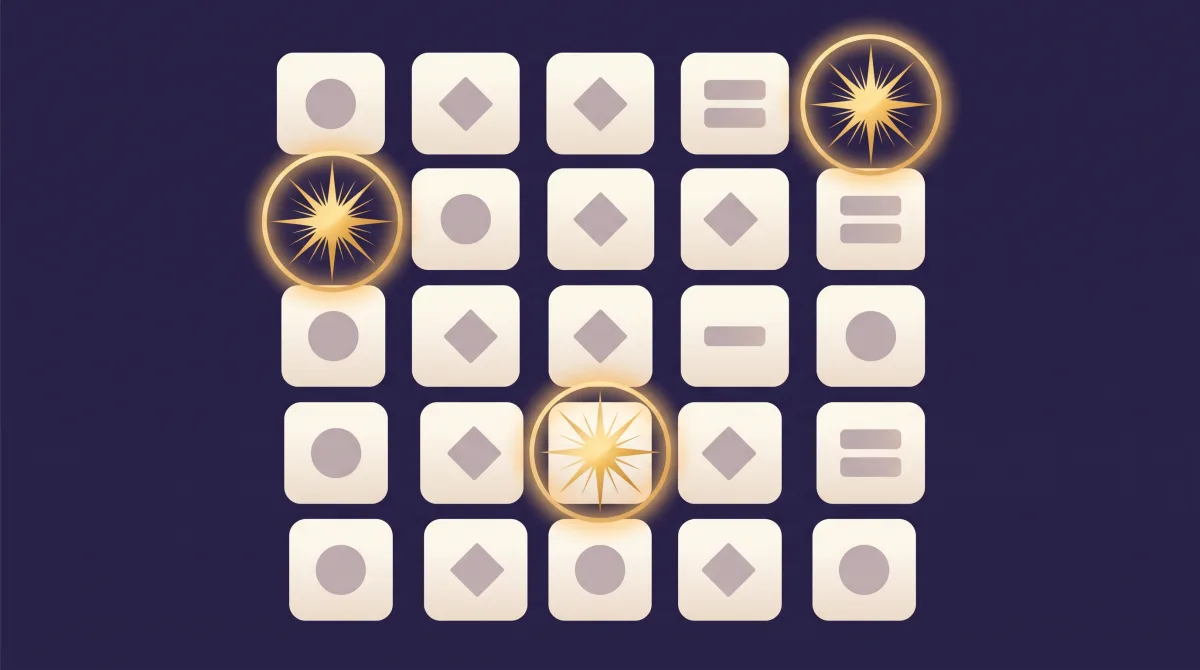 A slot grid of plain tiles with three glowing star-burst symbols landing in scattered positions across different columns