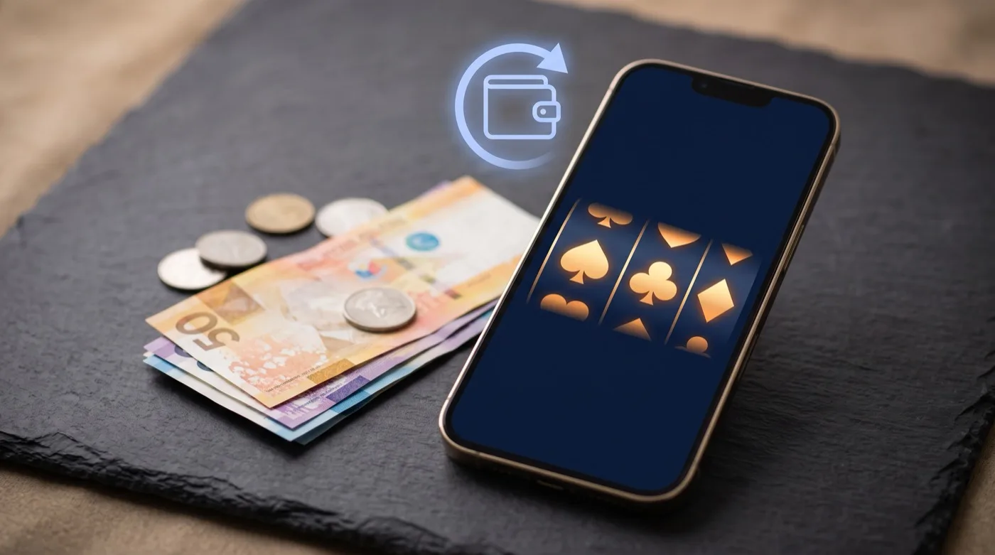 A smartphone showing a golden playing-card slot reel beside Philippine peso banknotes and an e-wallet transfer icon