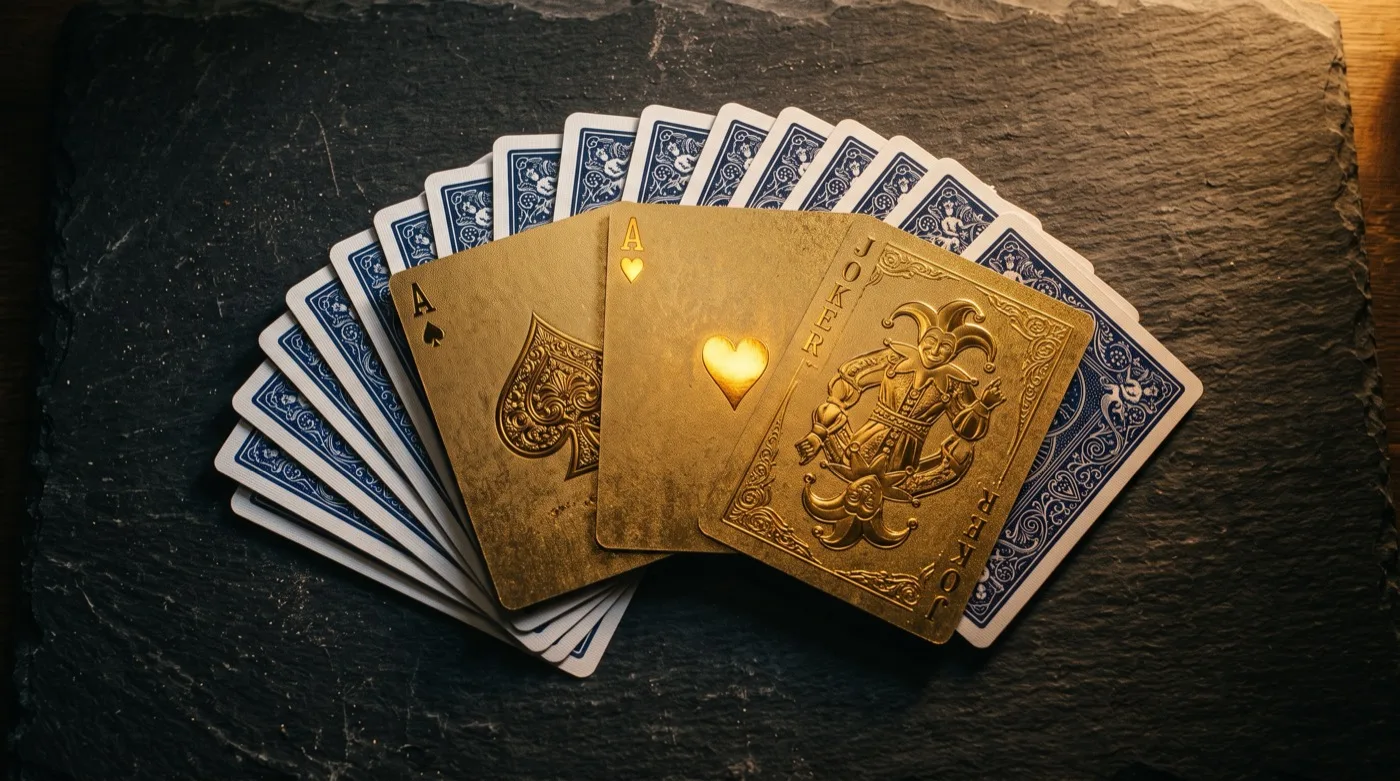 An overhead fan of playing cards with several aces and a joker rendered in embossed metallic gold on dark slate