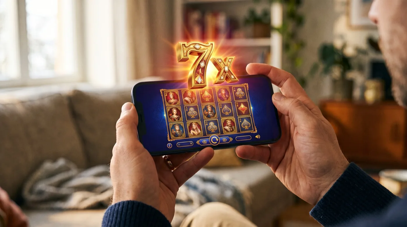 A smartphone held in two hands showing a slot grid of golden playing cards with a glowing multiplier above it