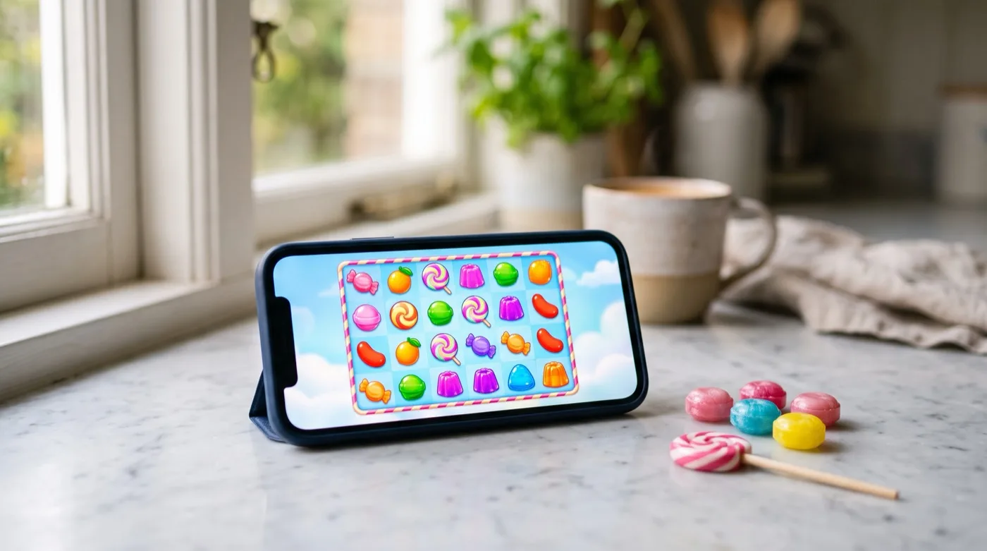 A phone on a kitchen counter showing a candy-themed slot grid, with real sweets and a lollipop beside it