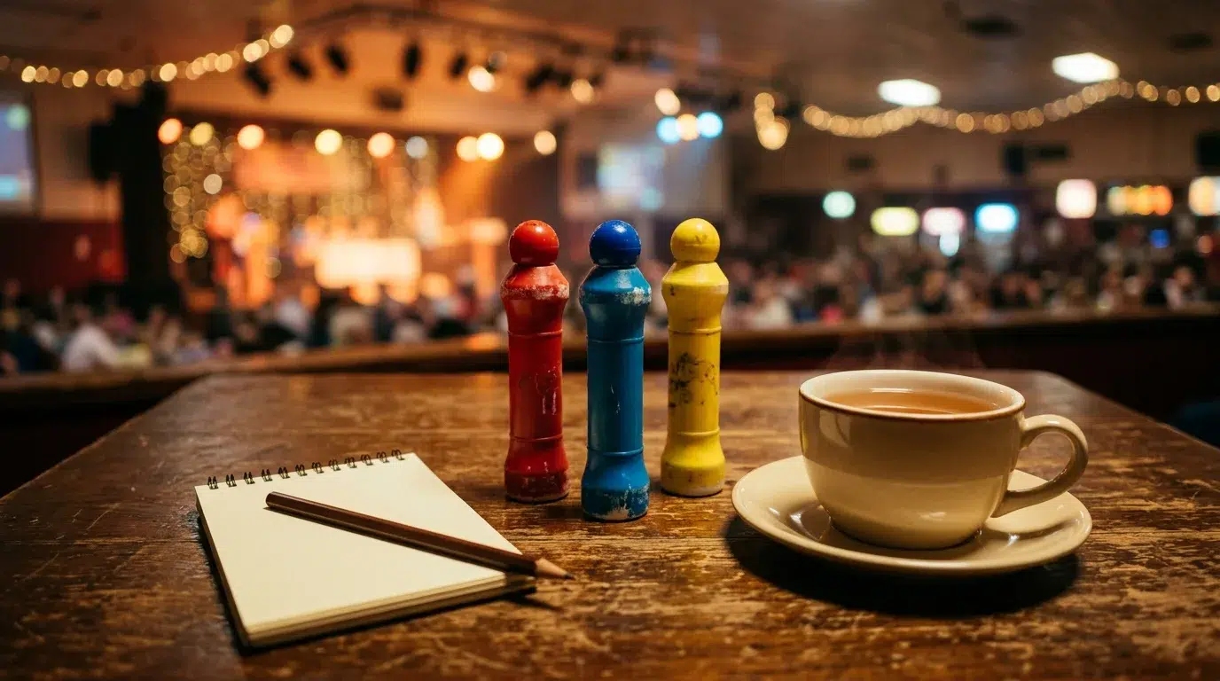 Three bingo dabber pens, a notepad and a cup of tea on a table in a bingo hall