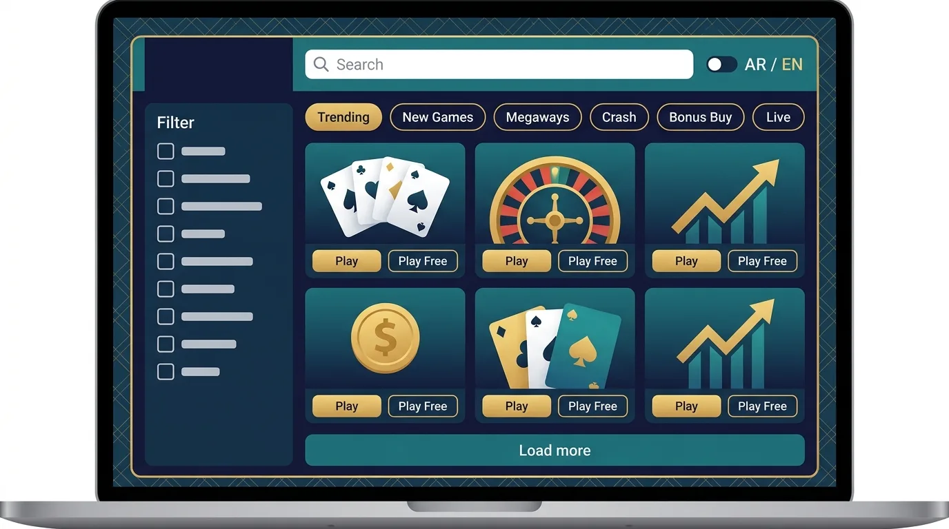 VIPArabClub lobby layout: search, category rails, provider filter and Play / Play for free on each tile