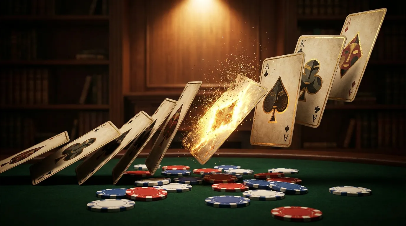 Oversized gold-edged playing cards cascading down onto a green felt table with casino chips, one card glowing gold