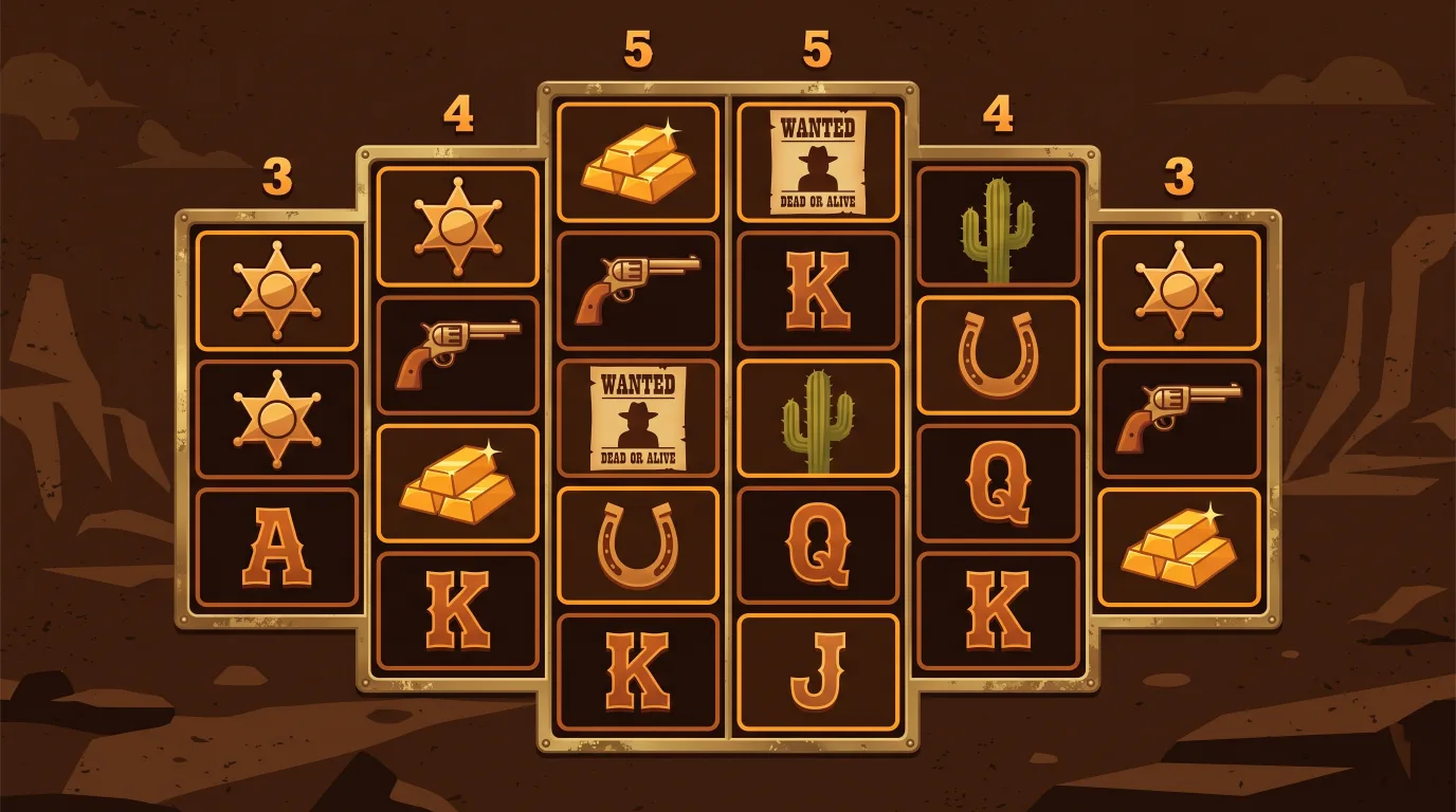 Six-reel slot grid with 3, 4, 5, 5, 4 and 3 rows across the reels