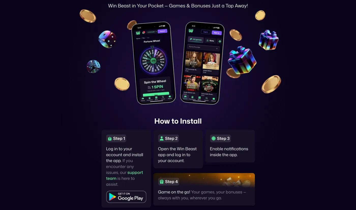 WinBeast Mobile App page showing the Android and iOS install steps