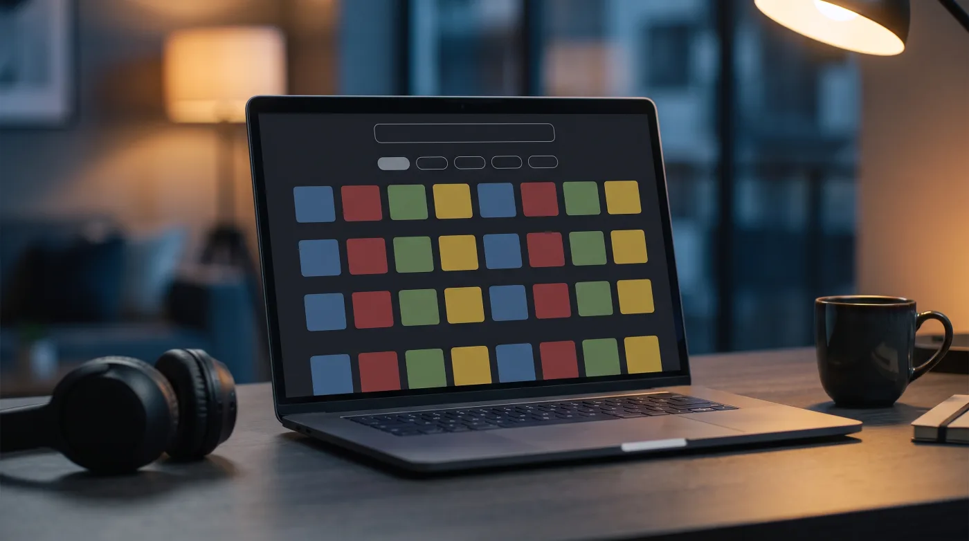 A laptop showing a grid of casino game tiles with a search bar and category filters