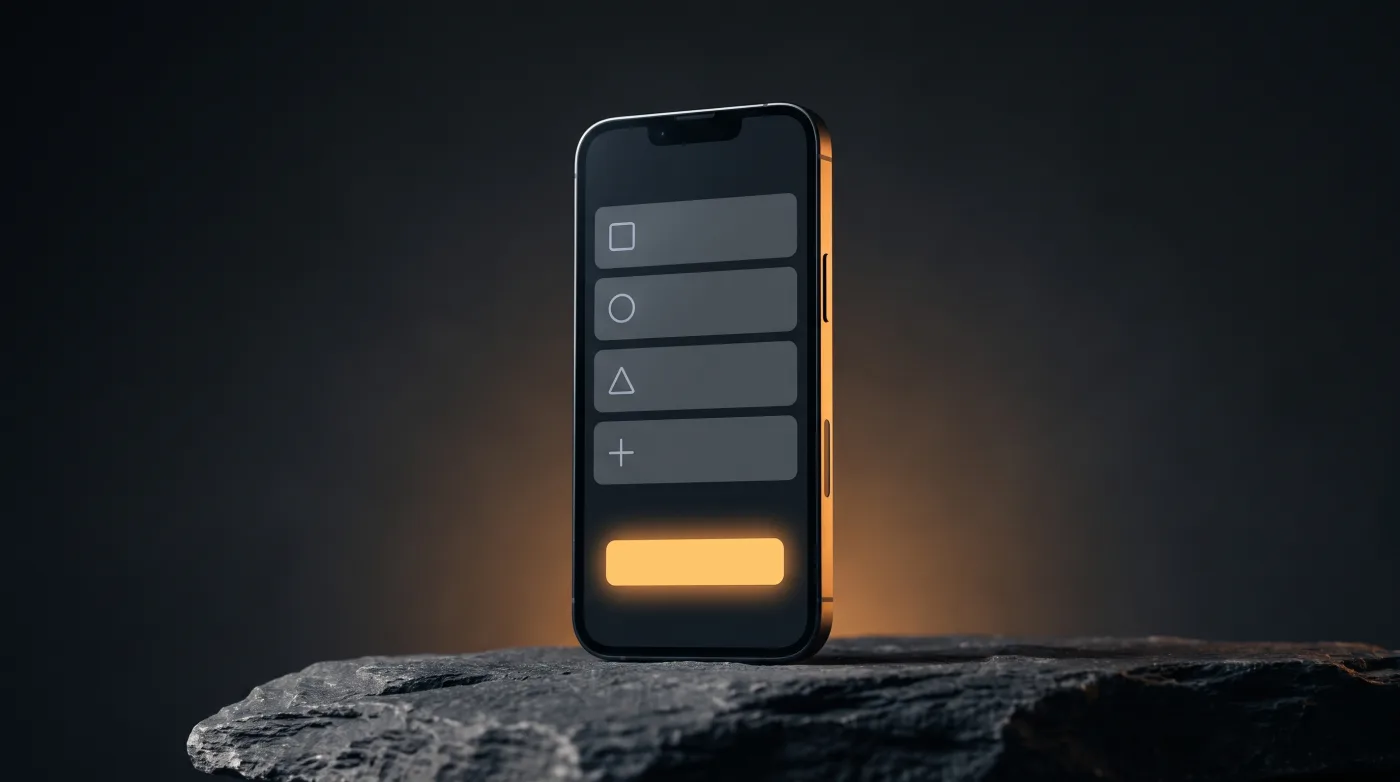 A smartphone on dark stone showing a simple cashier screen with an amber action button