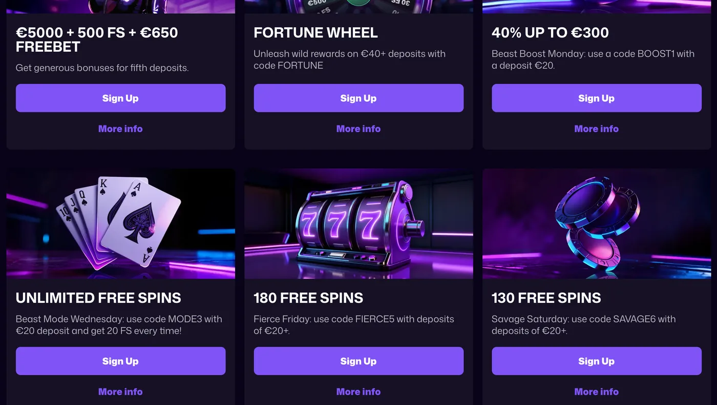 WinBeast promotions page showing the welcome pack, the Fortune Wheel and the weekly free-spin offers