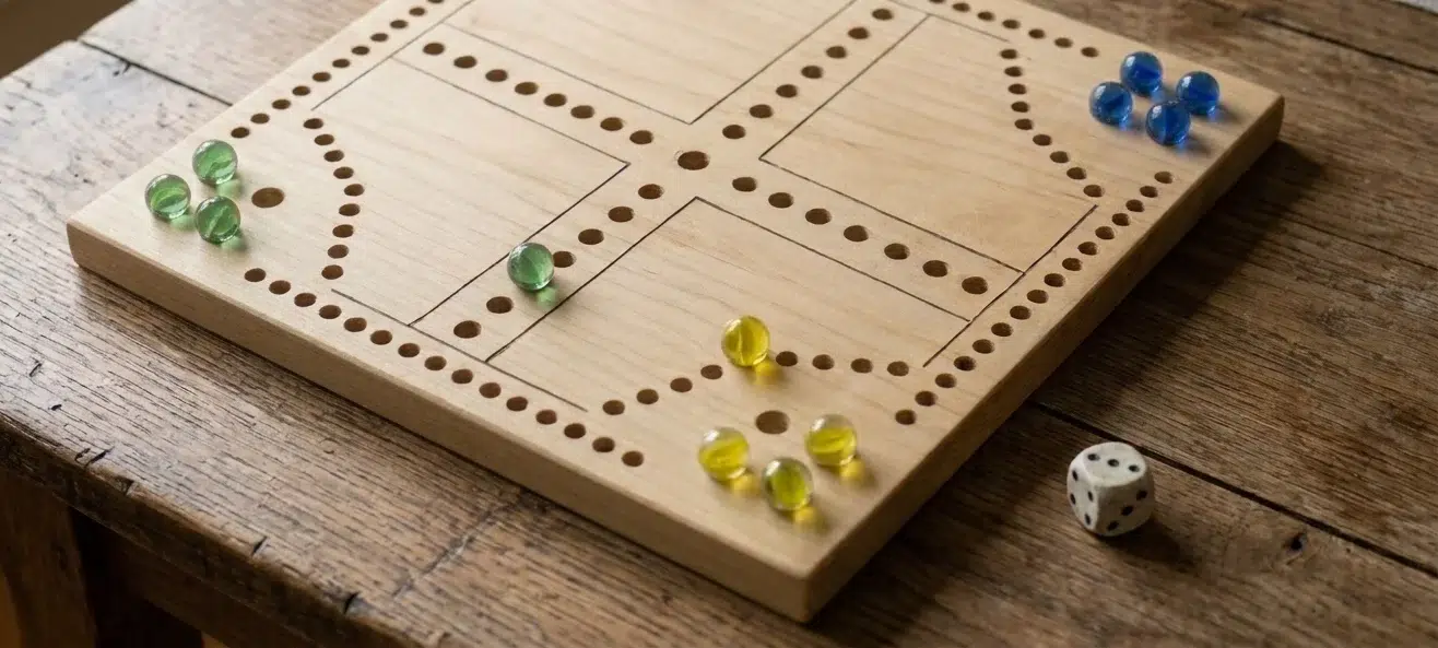 A wooden marble race board with a cross-shaped track of holes, a centre hole, green, yellow and blue glass marbles and a die