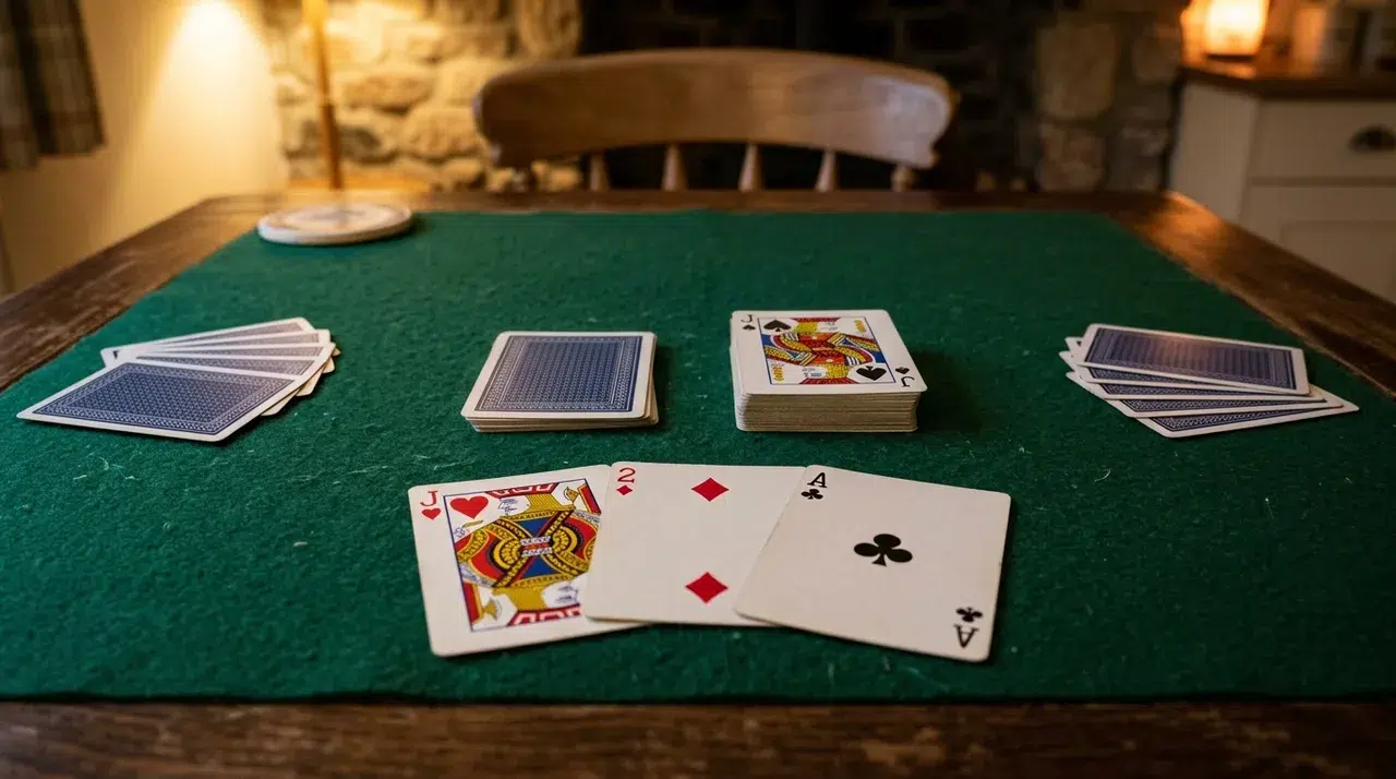 A game of British Black Jack on green felt: a face-down draw pile beside a discard pile topped by the Jack of spades, with the Jack of hearts, the two of diamonds and the Ace of clubs laid out below and face-down hands at each side