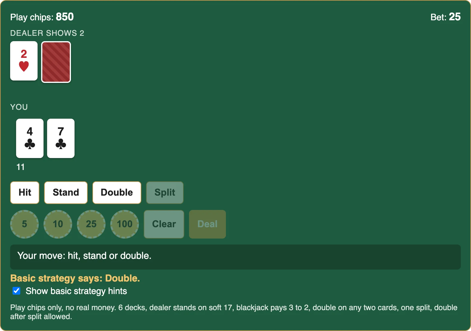 Free blackjack game showing a hand of 8 and 2 against a dealer 5, with the hint Basic strategy says: Double