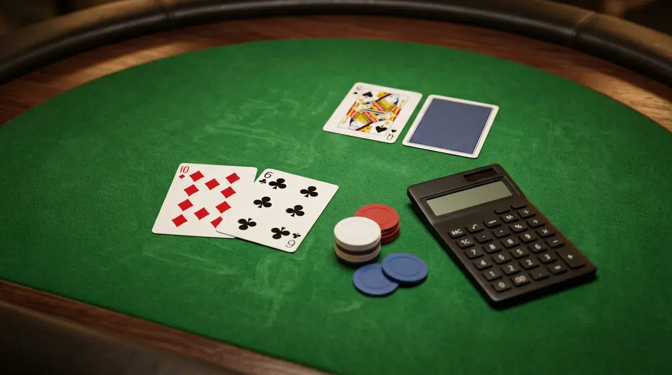 A ten and a six against a dealer queen on a blackjack table, with a calculator beside the cards
