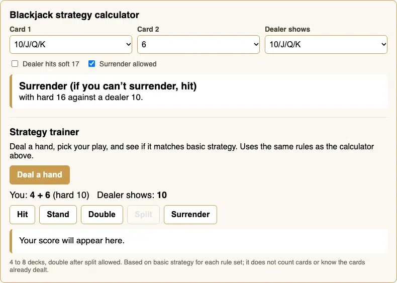 The blackjack strategy calculator showing surrender, otherwise hit, for hard 16 against a dealer 10, and the trainer with a dealt hand