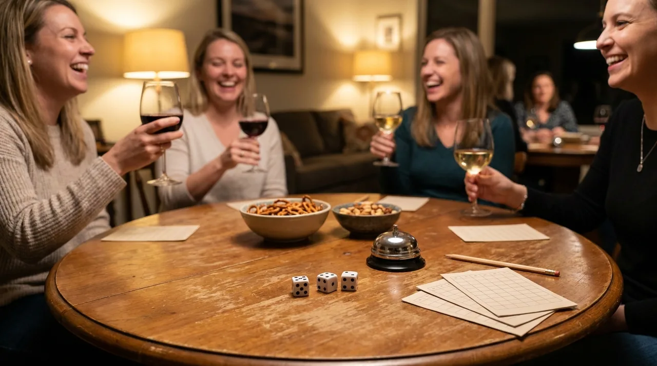 Bunco night at home: four friends laughing around a round wooden table with three white dice, a small silver bell, score cards, pencils, snacks and glasses of wine, with a second table of players behind them