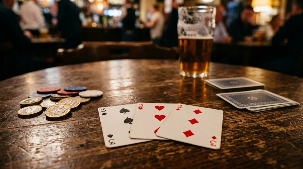 A prial of threes in Three Card Brag: the three of spades, three of hearts and three of diamonds face up on a pub table next to coins, chips and two face-down hands