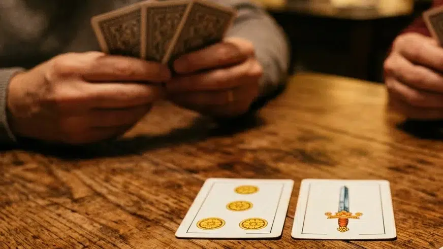 Two players holding three cards each over a wooden table, with two Italian cards played to a trick in front of them: the four of coins and the Ace of swords