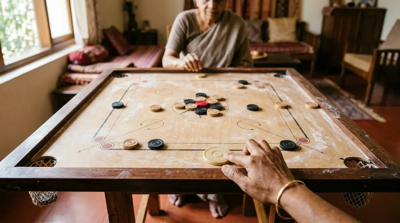 Family playing carrom at home on a wooden carrom board on a stand, with black and natural wood pieces, the red queen in the centre and a hand next to the striker