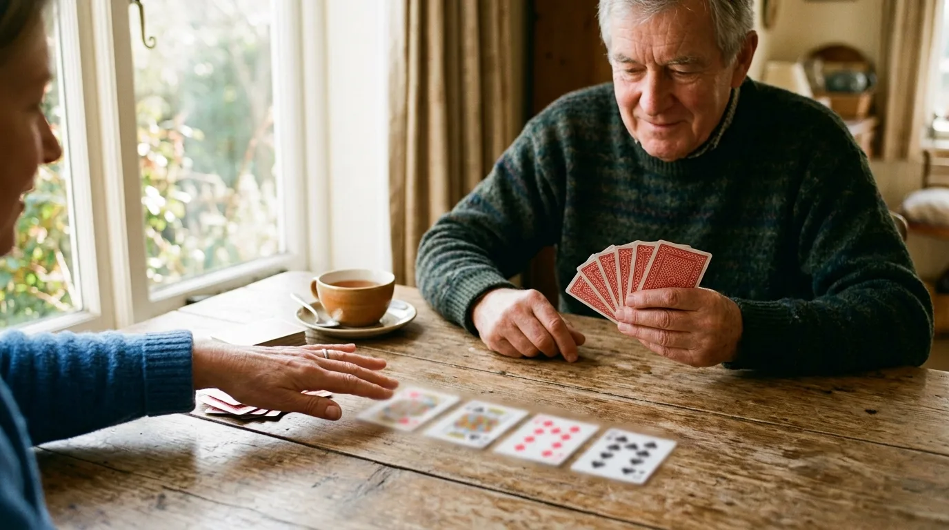 Two people playing the card game Casino at a wooden table by a window, with four cards face up in a row and one player reaching to capture them