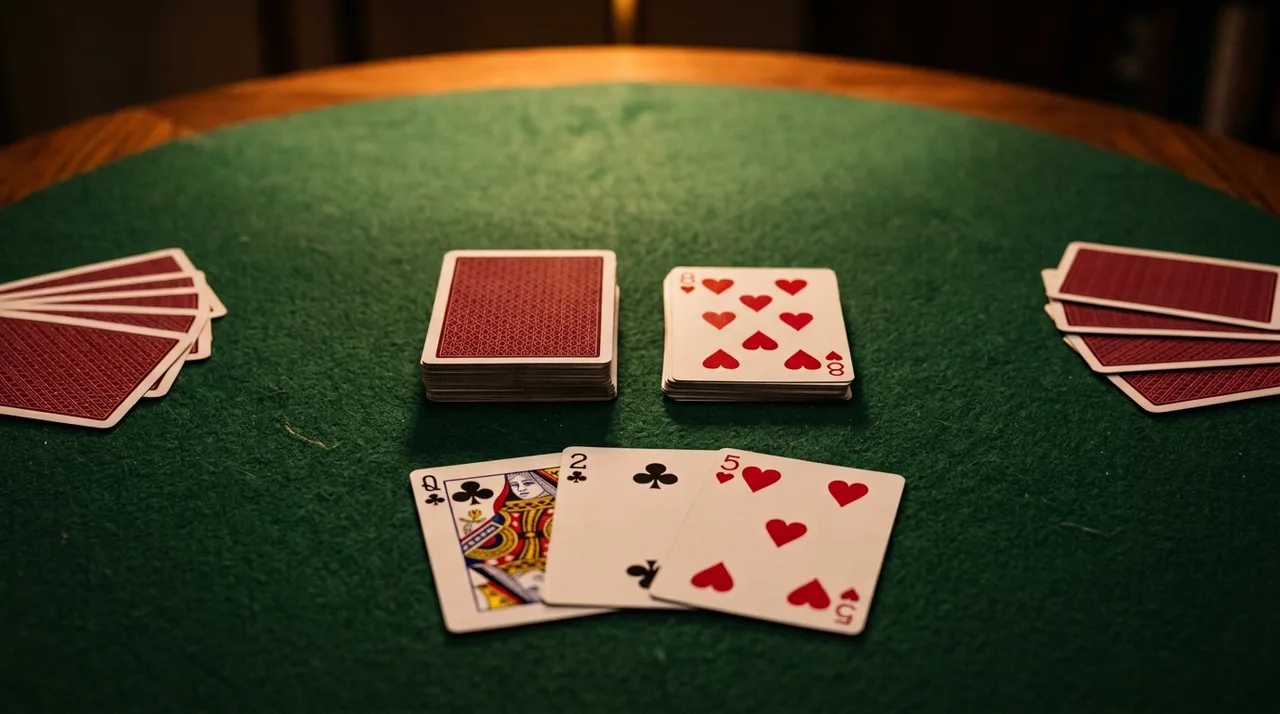 A game of Crazy Eights on green felt: a face-down draw pile beside a discard pile topped by the eight of hearts, with the Queen of clubs, two of clubs and five of hearts laid out below and face-down hands at each side