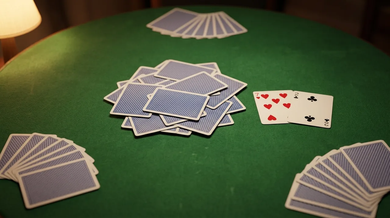 A game of Cheat on a green card table: a face-down discard pile in the middle, three face-down hands around it, and the Seven of Hearts and Two of Clubs turned face up after a challenge