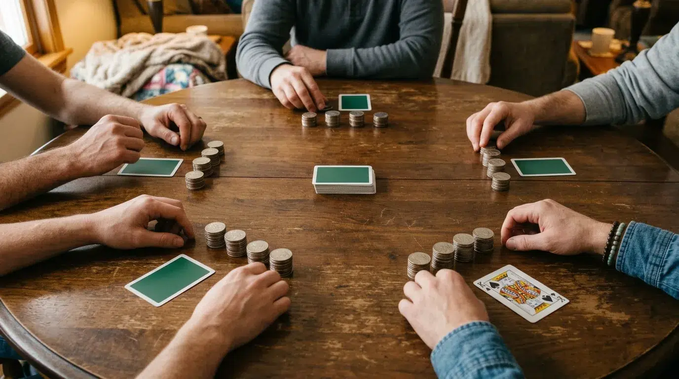 Five players around a round wooden table playing Screw Your Neighbor, each with one face-down card and small stacks of quarters in front of them as lives; one player shows a King of spades and the deck sits in the middle